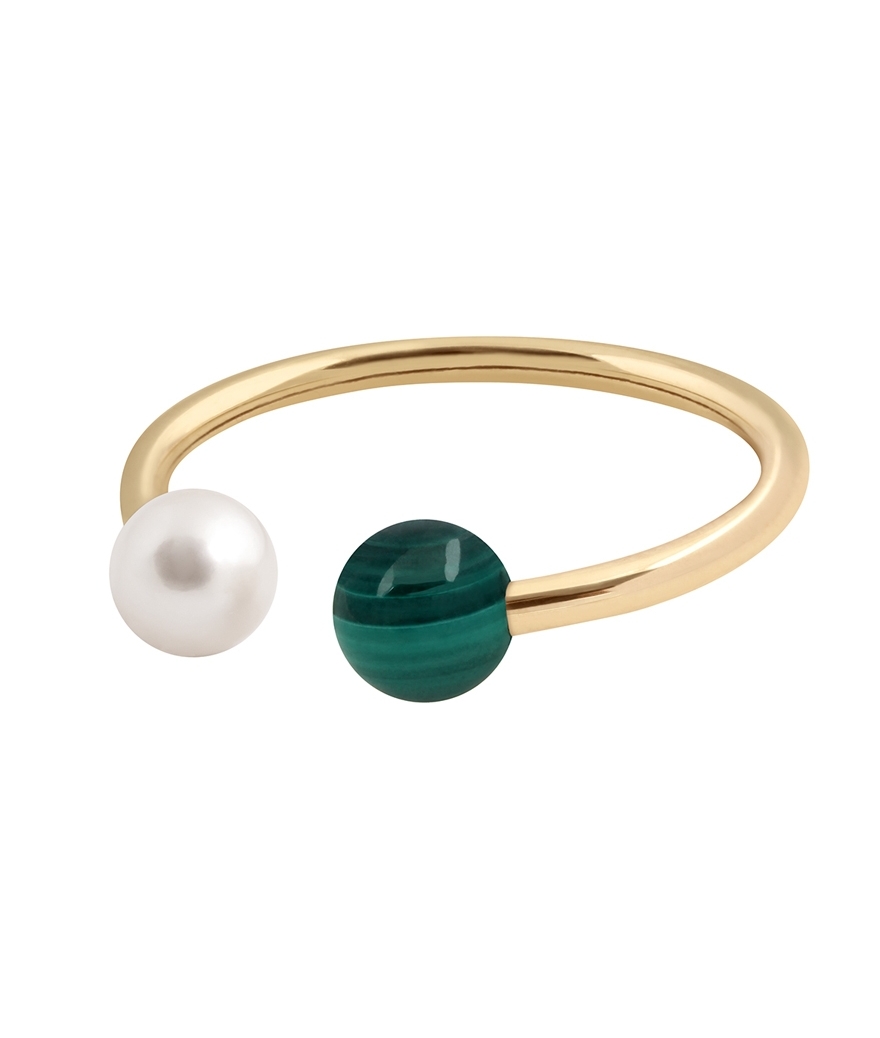 Bague jonc or jaune perle blanche malachite taille S