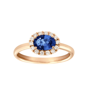 Bague or rose saphir bleu ovale diamants