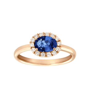 Bague or rose saphir bleu ovale diamants