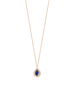 Collier or rose saphir bleu taille poire et diamants