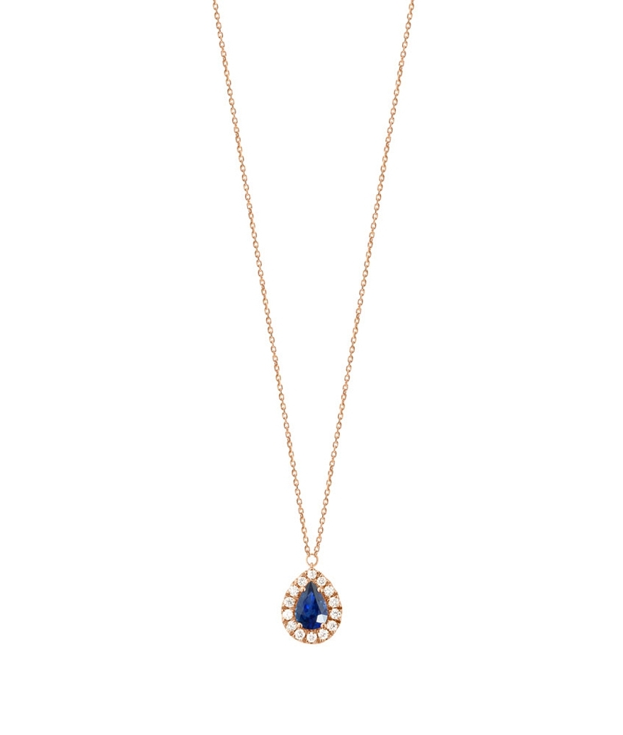 Collier or rose saphir bleu taille poire et diamants