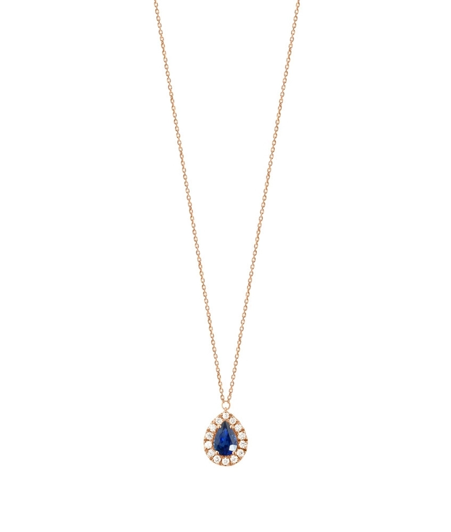 Collier or rose saphir bleu taille poire et diamants