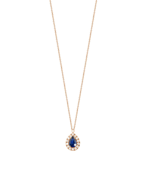 Collier or rose saphir bleu taille poire et diamants