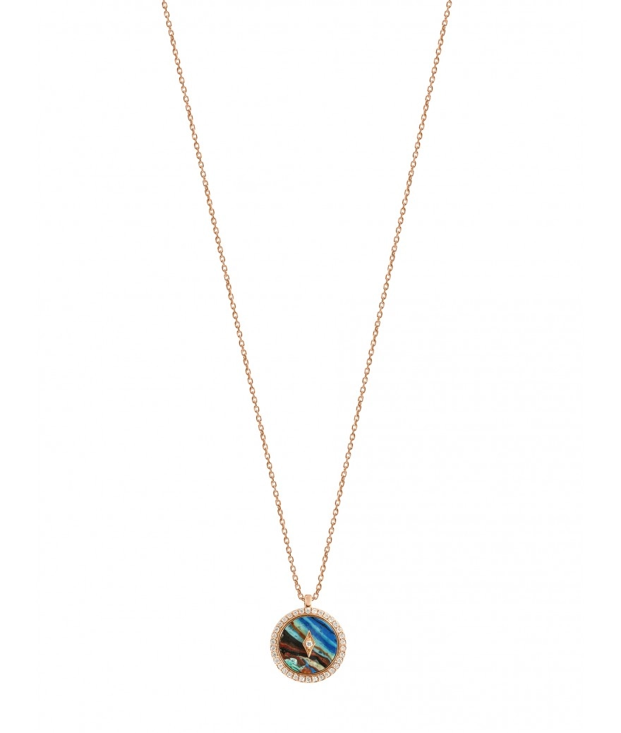 Collier or rose pendentif entourage diamants