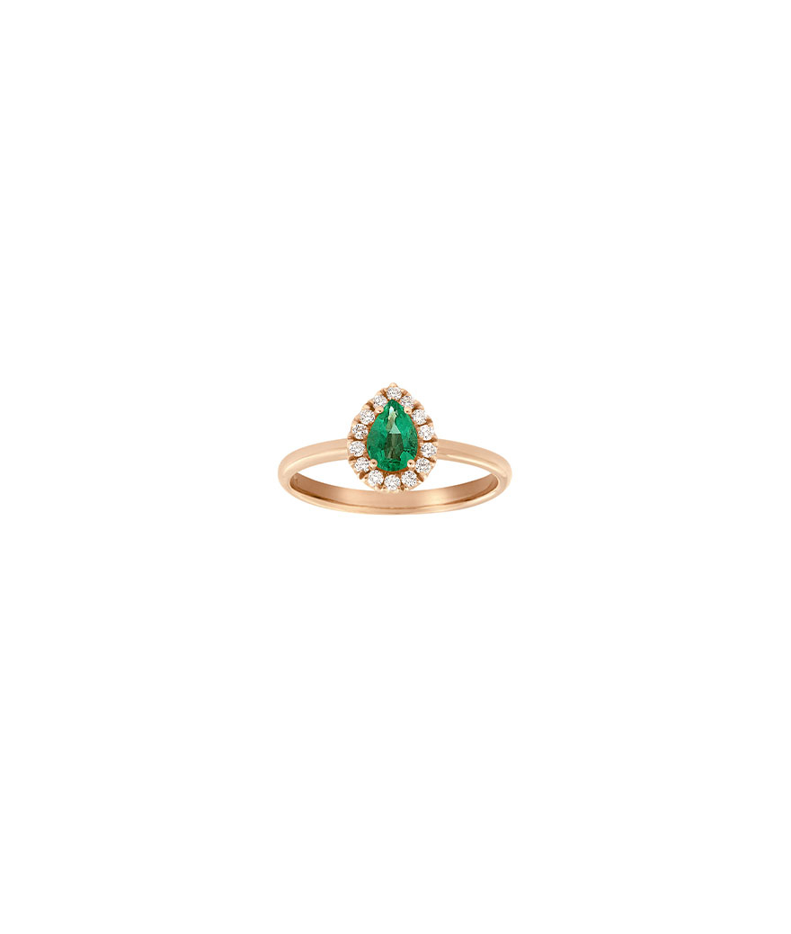 Bague or rose émeraude poire diamants