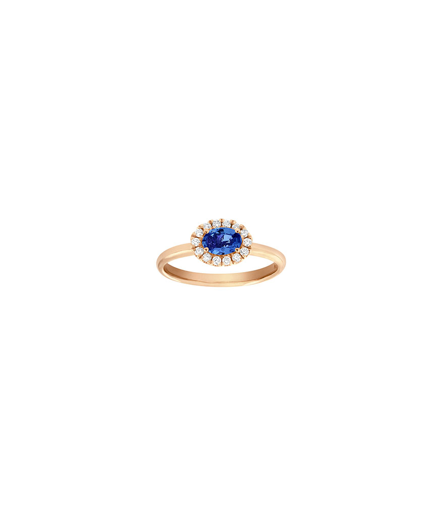 Bague or rose saphir bleu ovale diamants