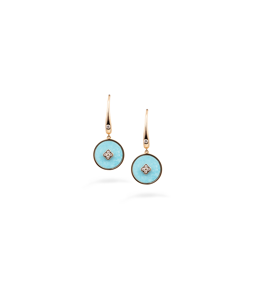 Boucles d'oreilles dormeuses Mademoiselle Frojo or rose, turquoise et diamants
