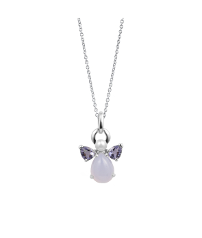 Pendentif ange Mademoiselle Frojo or blanc calcédoine, iolite et perle blanche