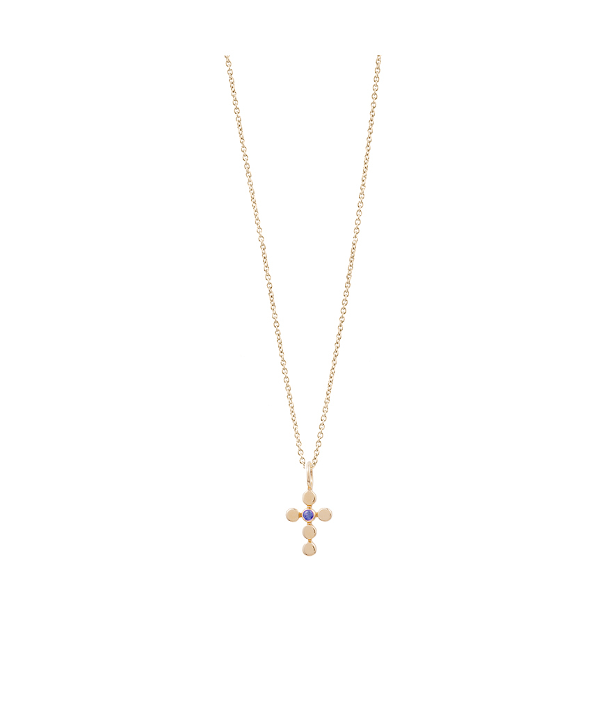 Pendentif croix Mademoiselle Frojo or rose saphir bleu Ceylan