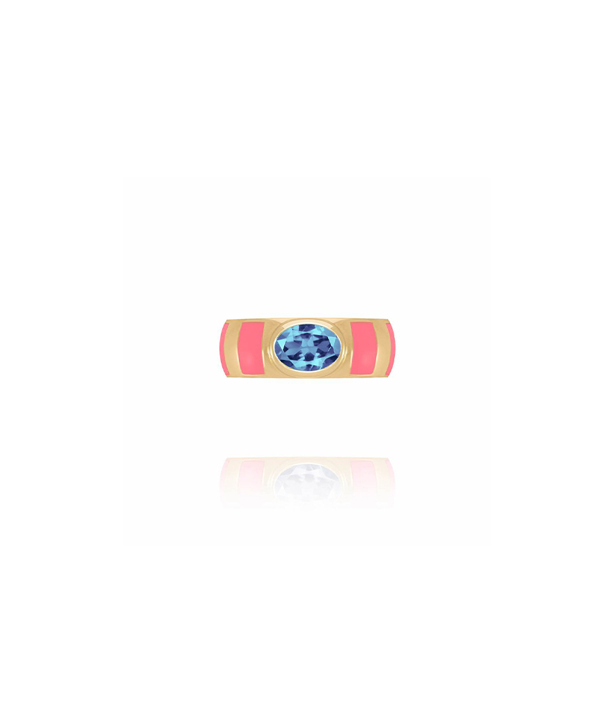 Bague Van den Abeele Delphine or jaune corail fluo et saphir bleu