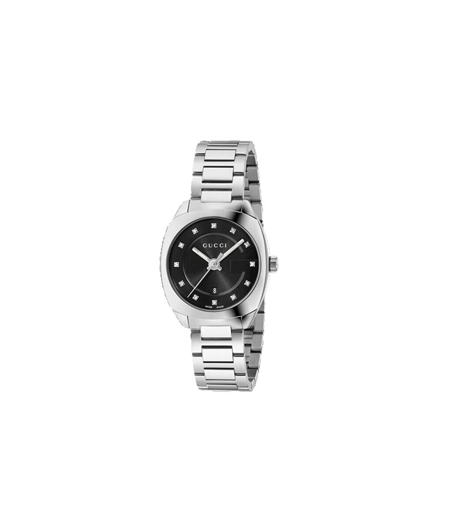 Montre Gucci GG2570 29mm quartz acier cadran serti diamants noir brossé soleil bracelet acier