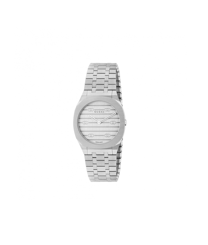 Montre GUCCI 25H 30mm quartz acier cadran laiton argenté bracelet maillons acier