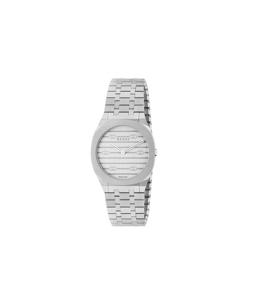 Montre GUCCI 25H 30mm quartz acier cadran laiton argenté bracelet maillons acier