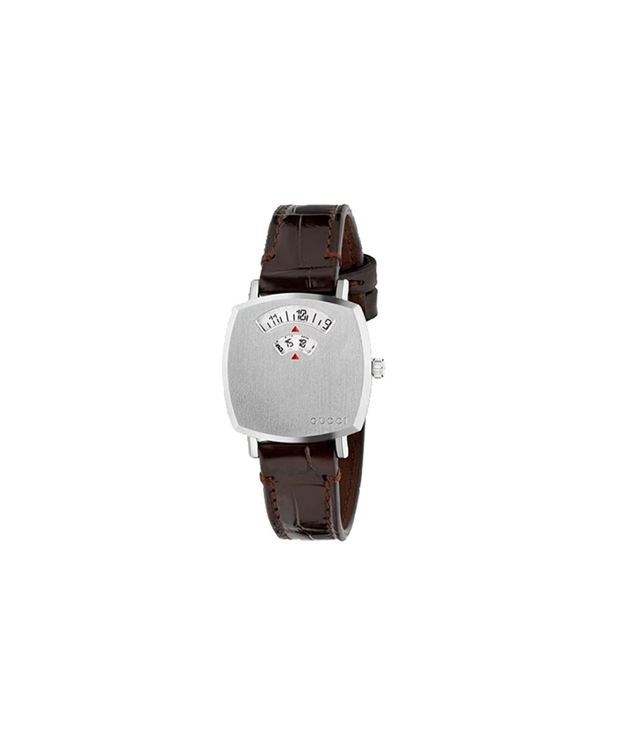Montre Gucci Grip 27mm quartz alligator marron cadran argenté brossé bracelet alligator marron