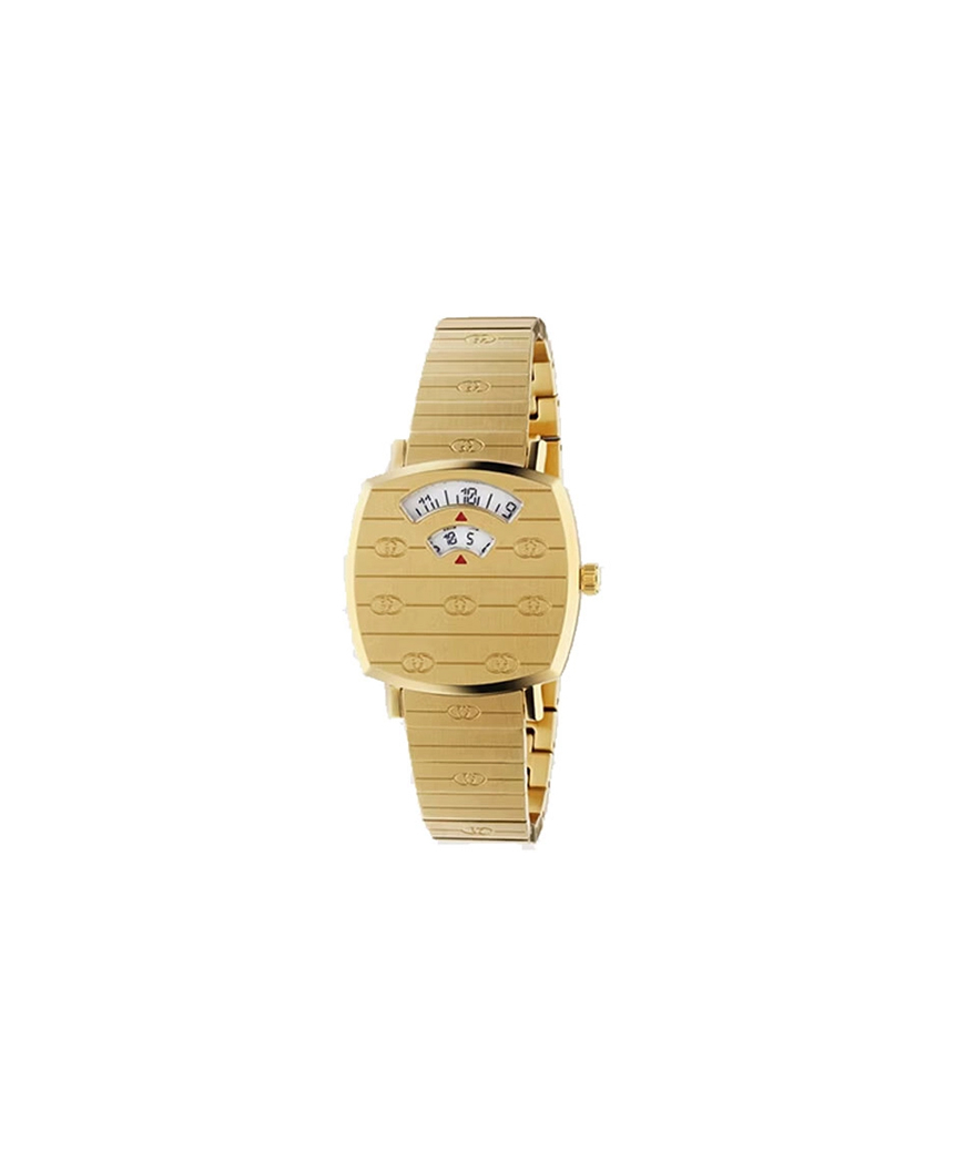 Montre Gucci Grip 27mm quartz PDV doré cadran brossé PVD or jaune bracelet PVD or jaune détails GG gravés