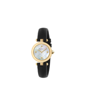 Montre Gucci Diamantissima 27mm quartz cuir noir PVD or jaune cadran nacre blanche bracelet cuir noir