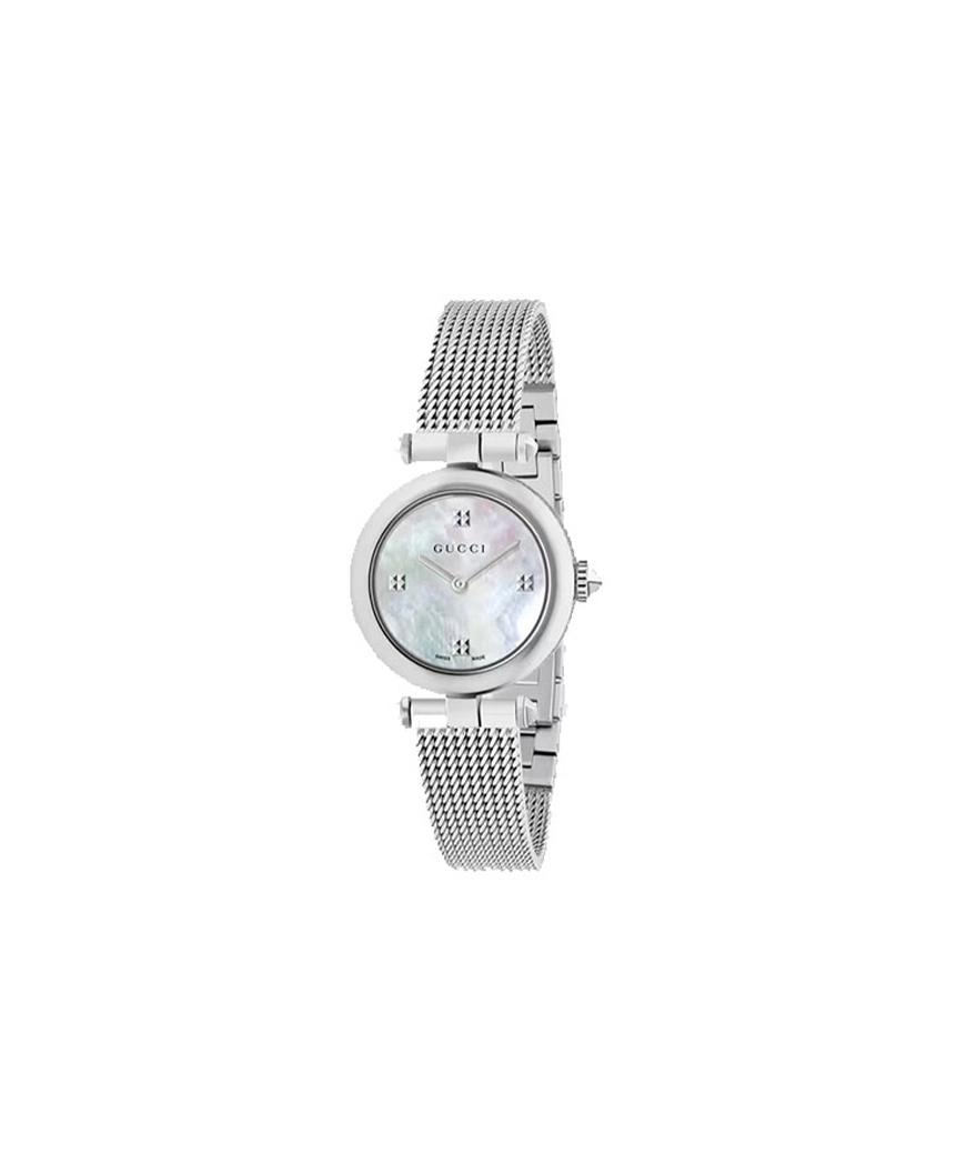 Montre Gucci Diamantissima 27mm quartz acier cadran nacre blanche bracelet acier maille milanaise