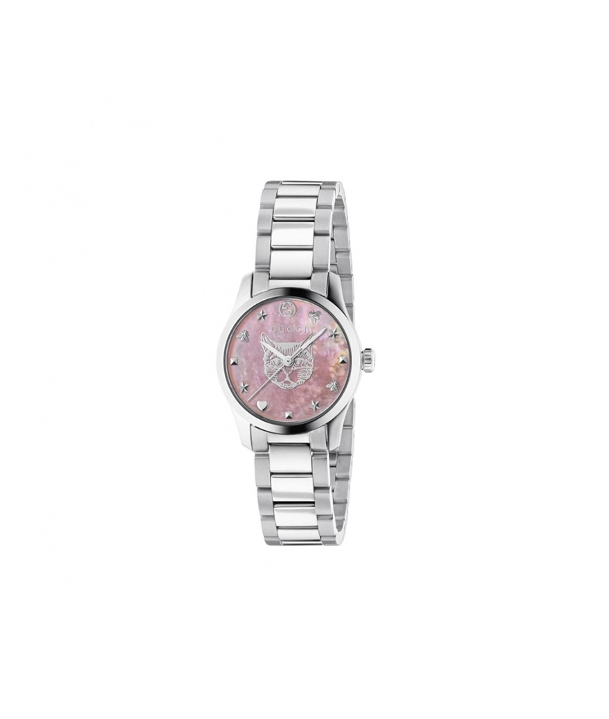 Montre Gucci G-Timeless Mystic Cat 27 mm quartz acier cadran en nacre rose bracelet acier