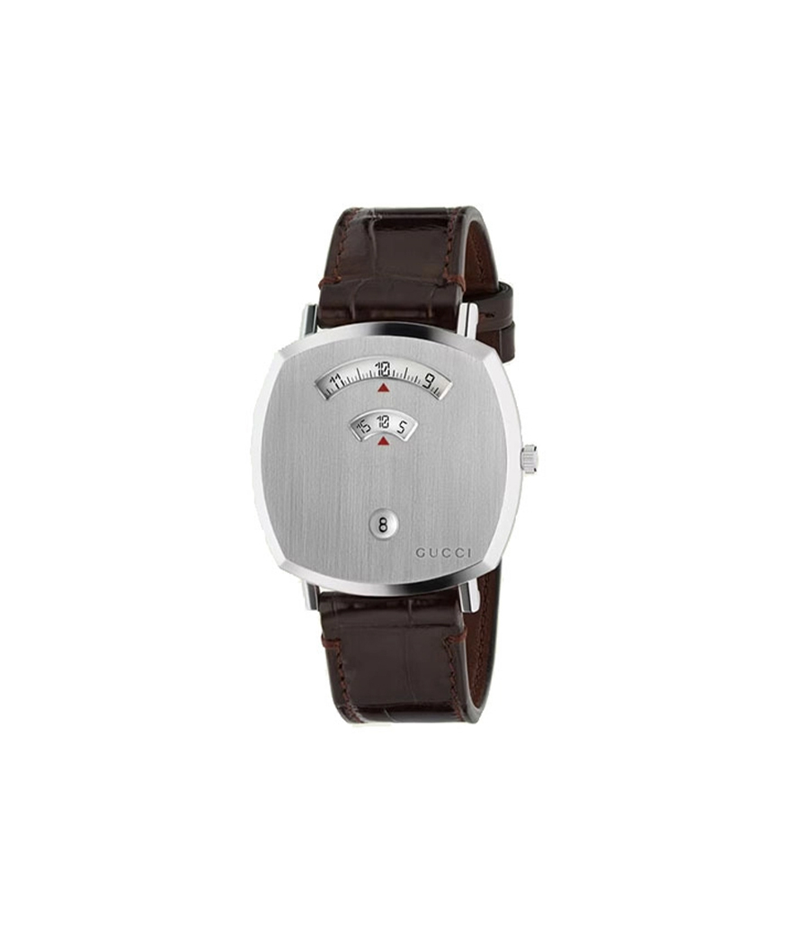 Montre Gucci Grip 38mm quartz alligator marron cadran argenté brossé bracelet alligator marron