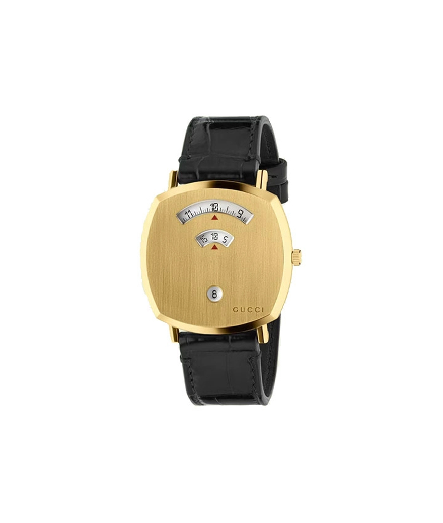 Montre Gucci Grip 38mm quartz alligator noir cadran PVD or jaune bracelet alligator noir