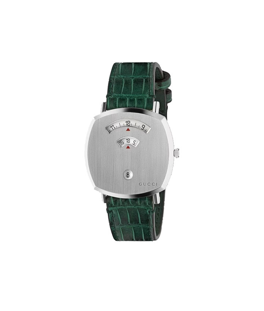 Montre Gucci Grip 38mm quartz alligator vert cadran argenté brossé bracelet alligator vert