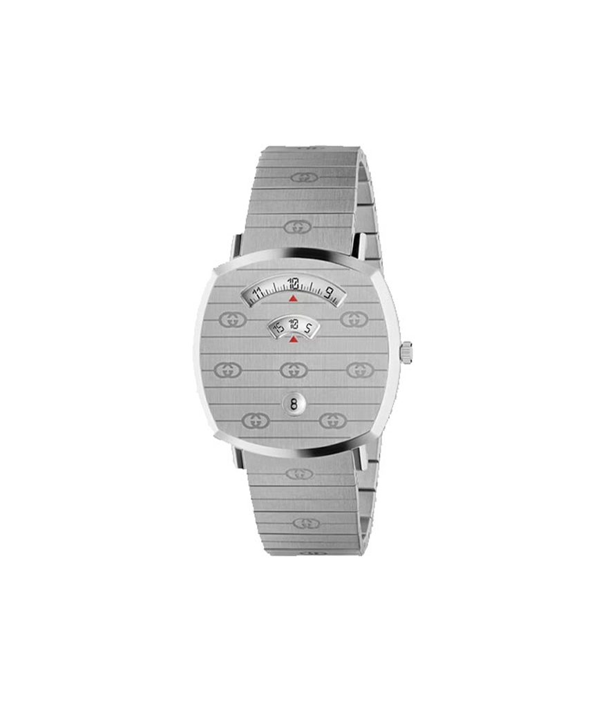 Montre Gucci Grip 38mm quartz acier cadran gravé GG bracelet acier gravé GG