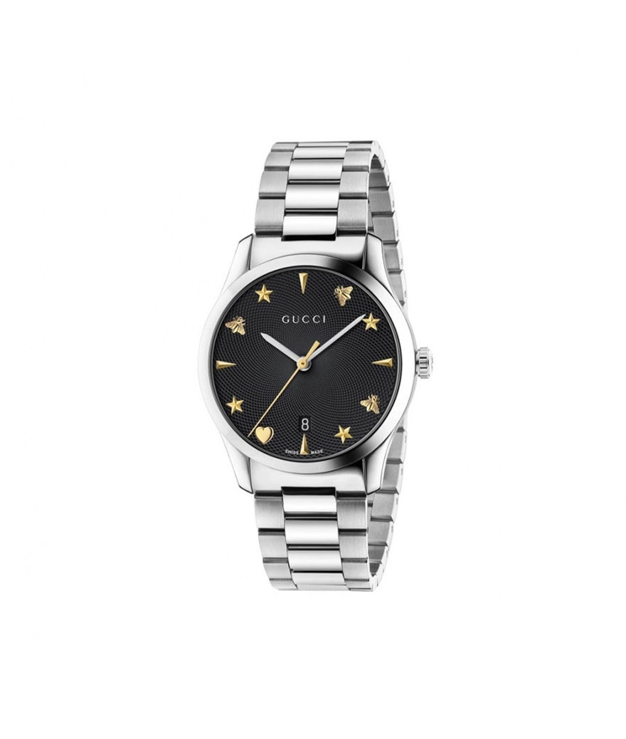 Montre Gucci G-Timeless 38 mm quartz acier cadran guilloché noir bracelet acier