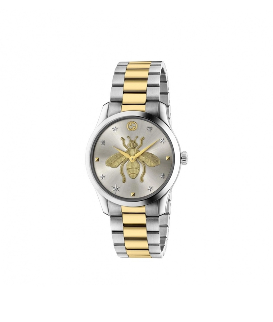 Montre Gucci G-Timeless mixte 38 mm quartz acier cadra argenté motif abeille bracelet acier