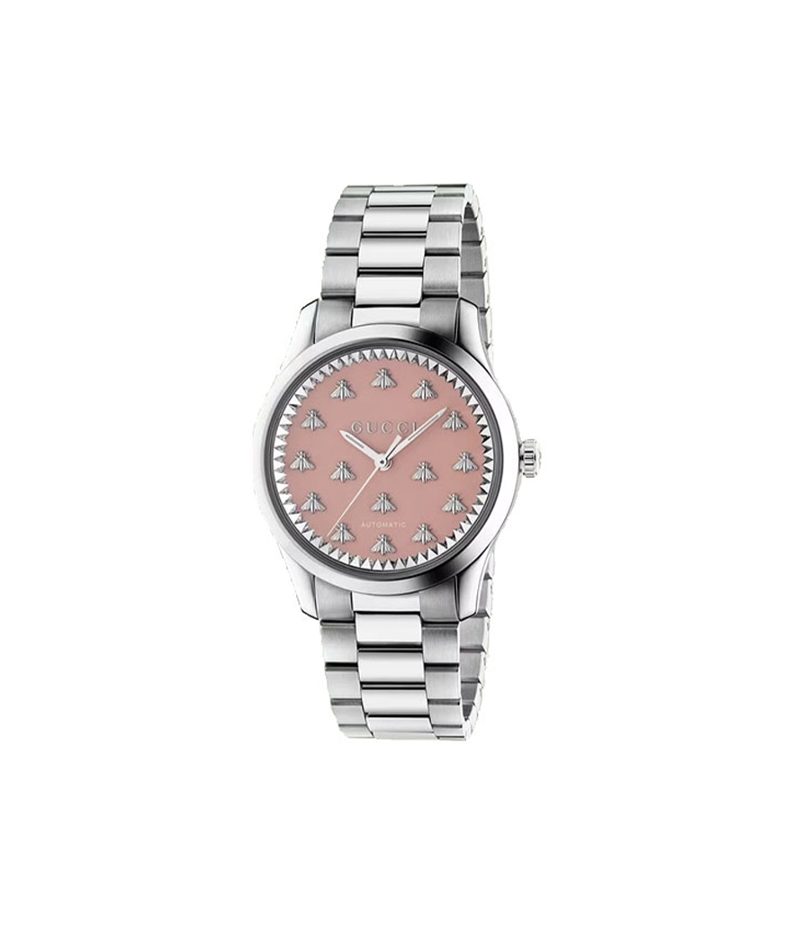 Montre GUCCI G-Timeless 38 mm automatique acier cadran rose bracelet acier PVD doré