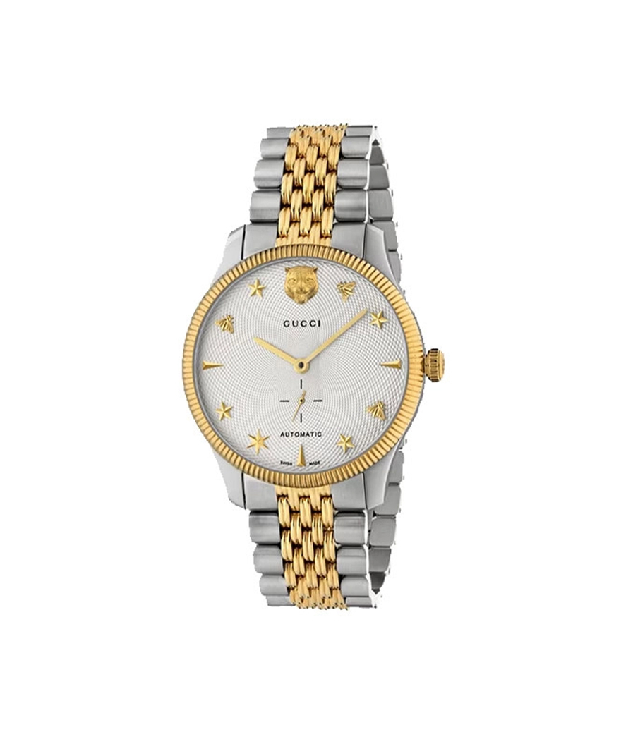 Montre Gucci G-Timeless 40mm quartz acier et PVD or jaune cadran guilloché blanc bracelet acier et PVD or jaune