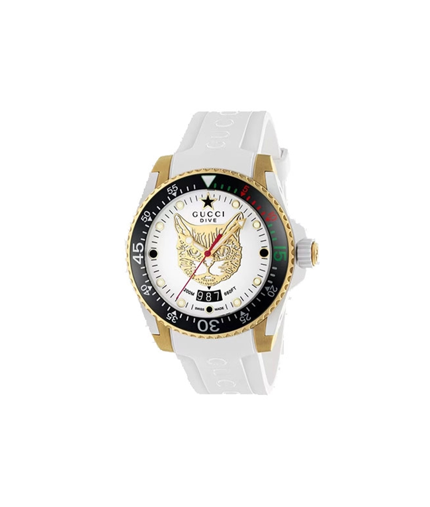 Montre Gucci Dive 40mm quartz caoutchouc blanc cadran blanc tête de félin bracelet caoutchouc embossé du logo