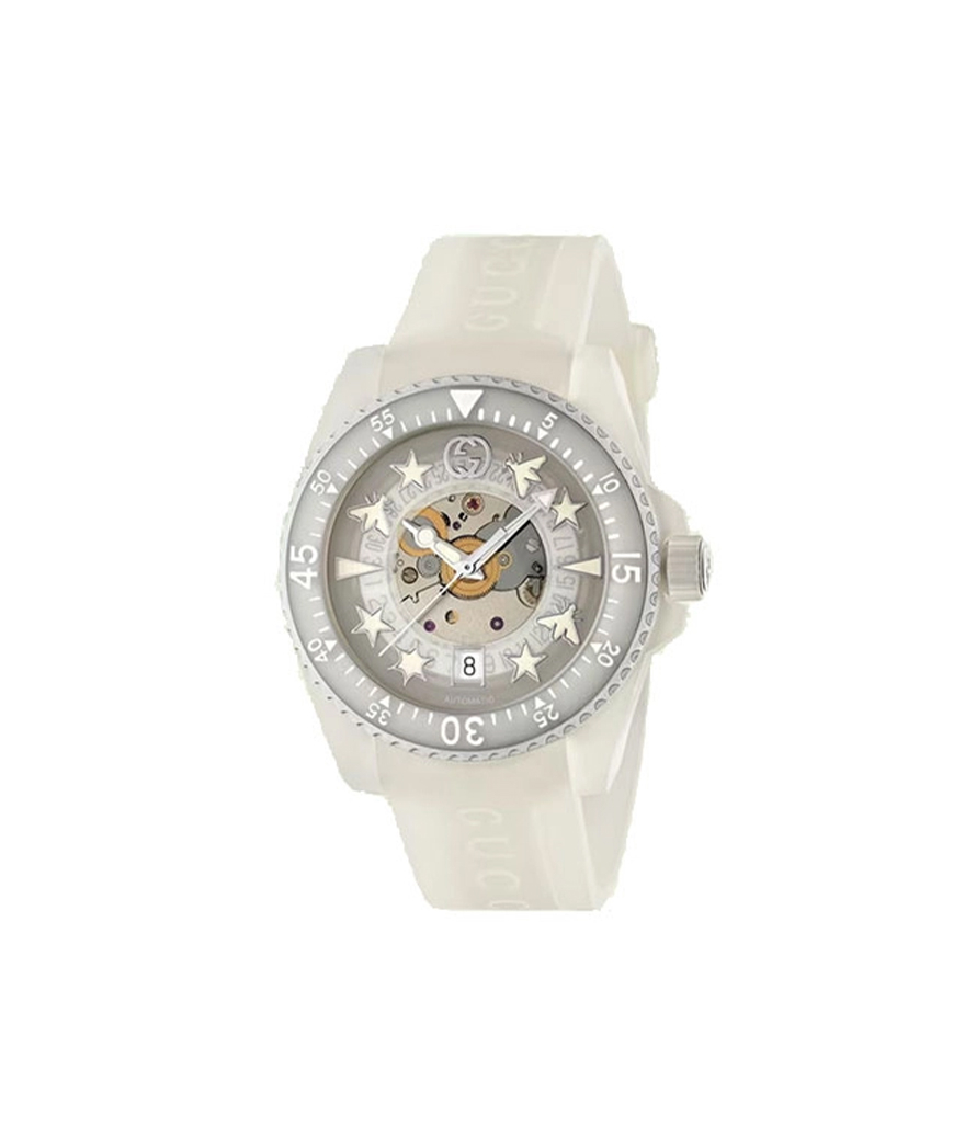 Montre Gucci Dive 40mm automatique acier cadran transparent avec index de plusieurs symboles emblématiques bracelet transparent