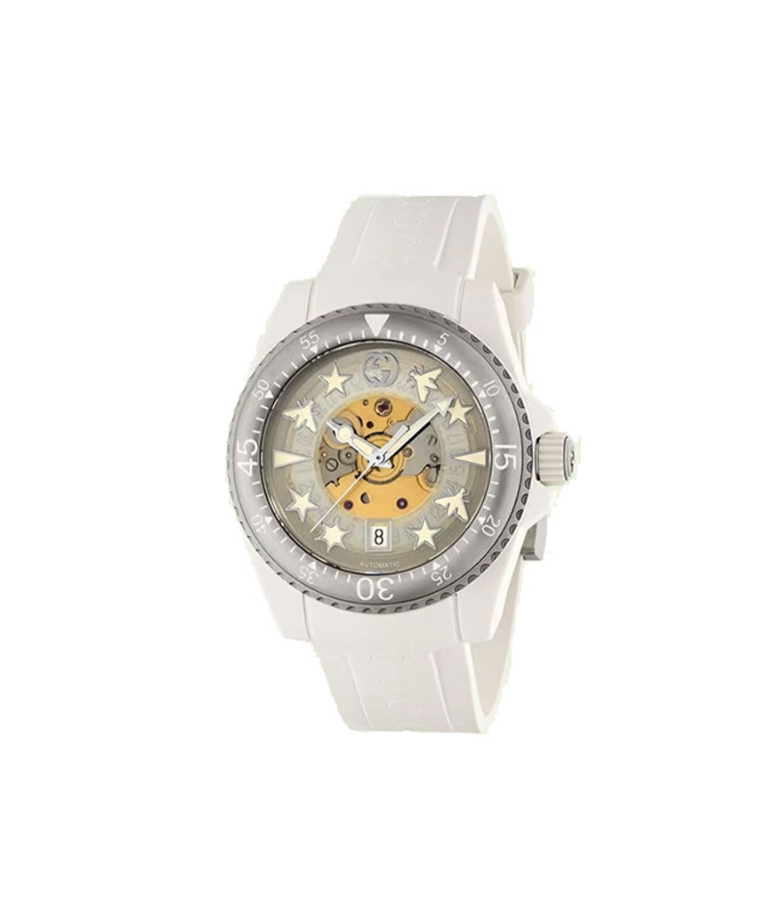 Montre Gucci Dive 40mm automatique acier cadran transparent avec index de plusieurs symboles bracelet plastique blanc