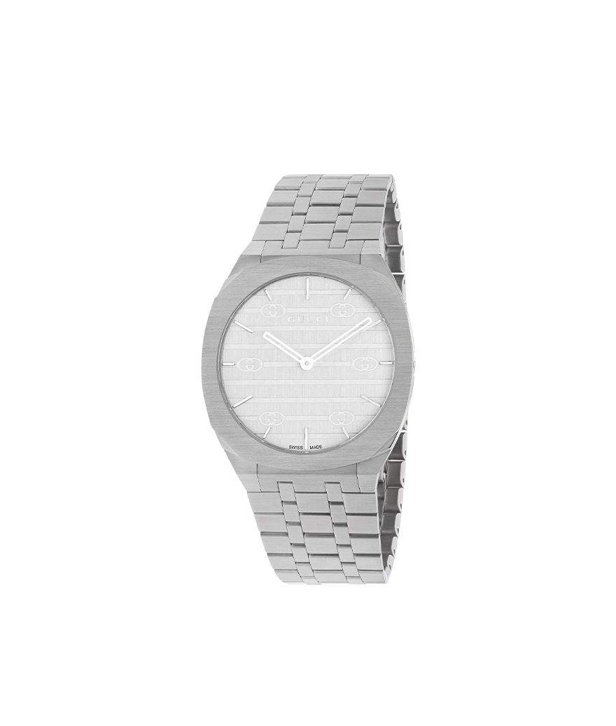 Montre Gucci 25H 38mm quartz acier cadran laiton argenté bracelet acier