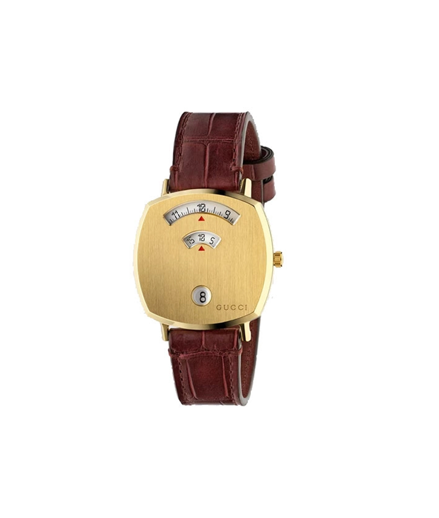 Montre Gucci Grip 35mm quartz alligator bordeaux cadran PVD or jaune lisse bracelet alligator