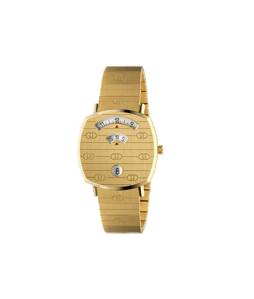 Montre Gucci Grip 35mm quartz PVD or jaune cadran gravé GG bracelet PVD or jaune