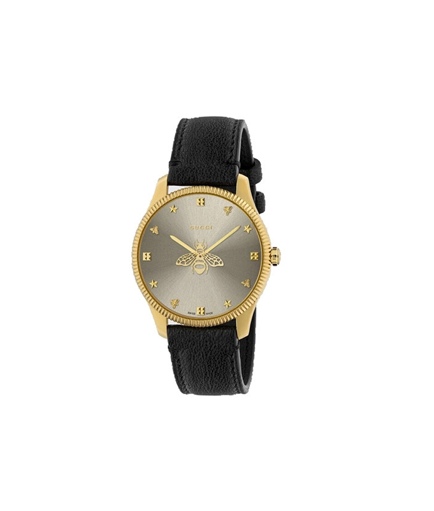 Montre GUCCI G-Timeless 36 mm cuir noir cadran brossé-soleil bracelet cuir noir