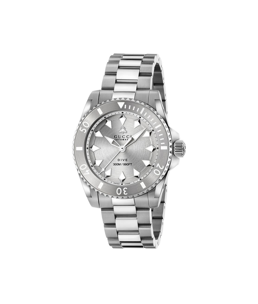 Montre Gucci Dive 40 mm automatique acier cadran argenté bracelet acier