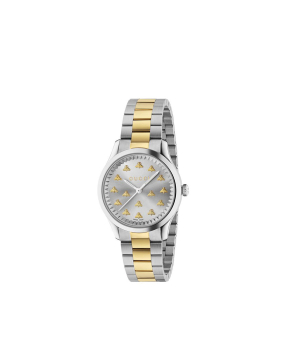 Montre Gucci G-Timeless quartz 32mm acier cadran argenté brossé soleil avec abeilles bracelet or jaune
